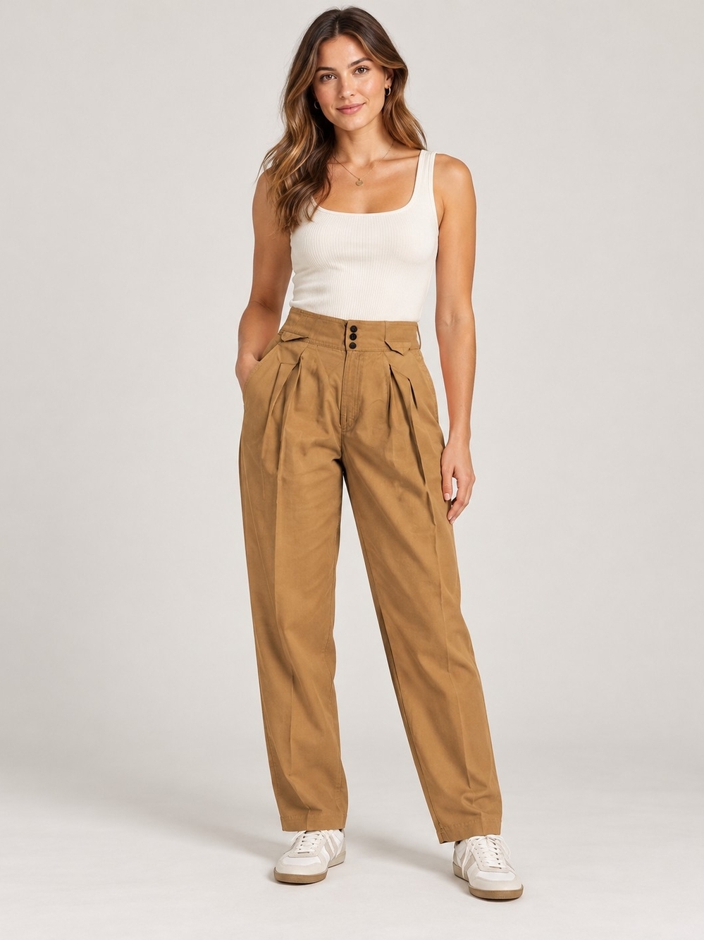High-Waist  Vintage Pleated Trousers in Tan Size 13